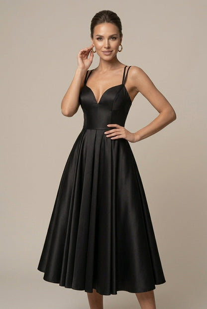 Robe Midi Femme Coupe A-Line – Col V Bretelles Doubles Jupe Évasée