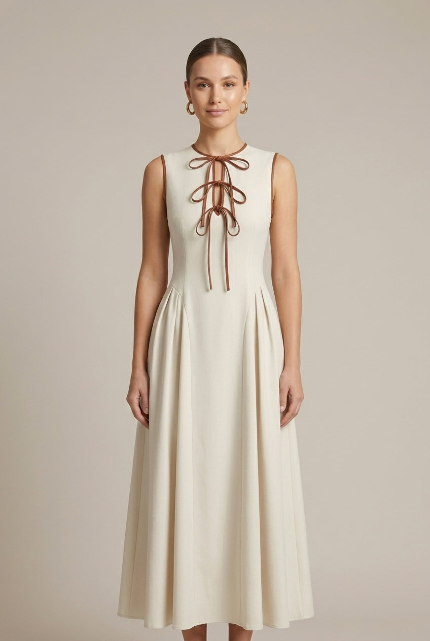 Robe Maxi Structurée Femme – Coupe Évasée Col Nœud Détail Nœuds