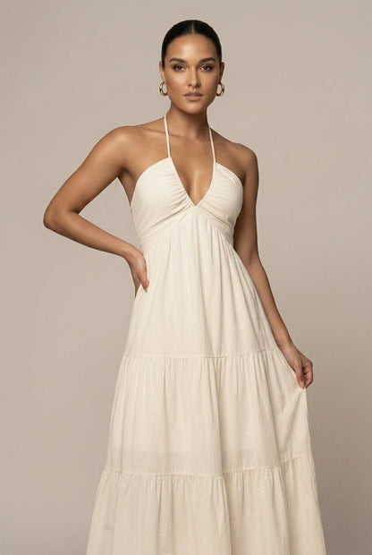 Robe Maxi Femme à Col Halter – Volants à Étages Dos Ouvert