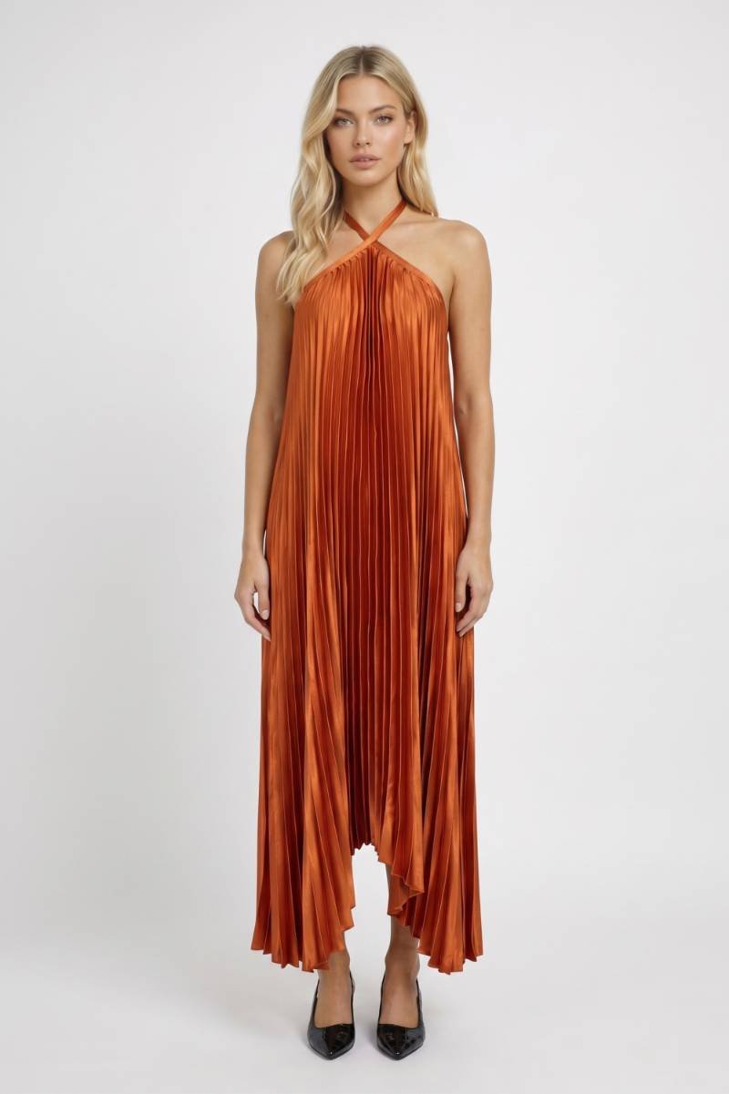 Robe Femme Longue Plissée à Col Halter – Ourlet Asymétrique