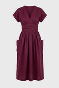 Robe Midi Femme Col V – Taille Plissée Coupe Décontractée