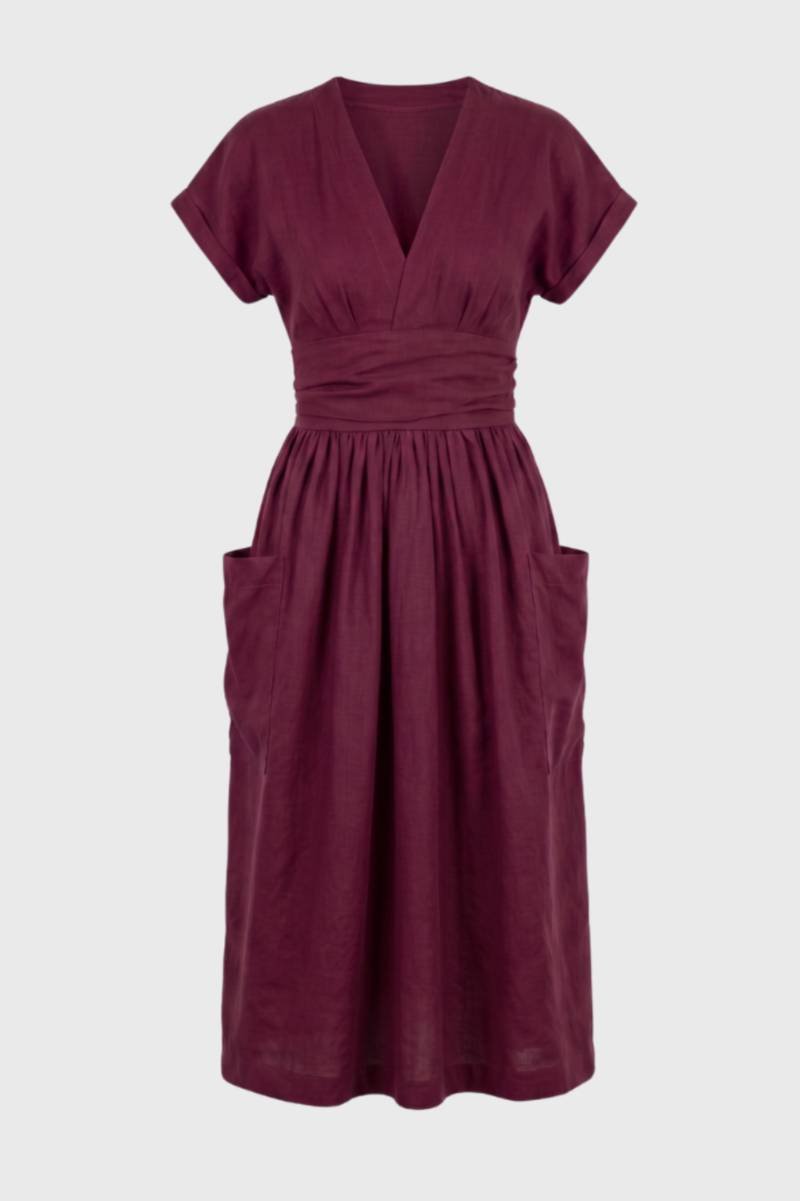 Robe Midi Femme Col V – Taille Plissée Coupe Décontractée