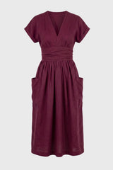 Robe Midi Femme Col V – Taille Plissée Coupe Décontractée