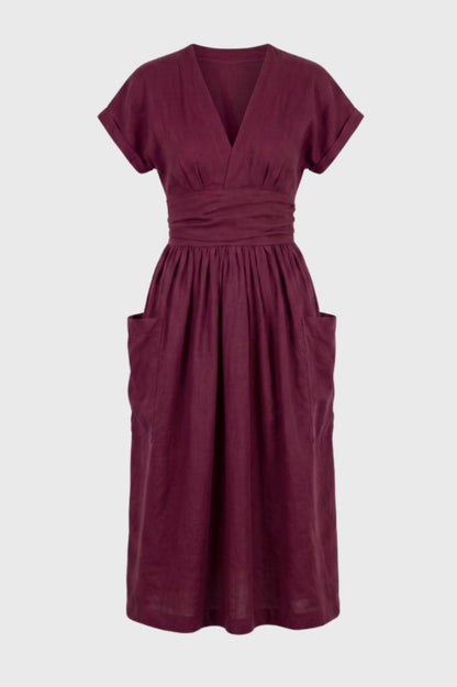 Robe Midi Femme Col V – Taille Plissée Coupe Décontractée