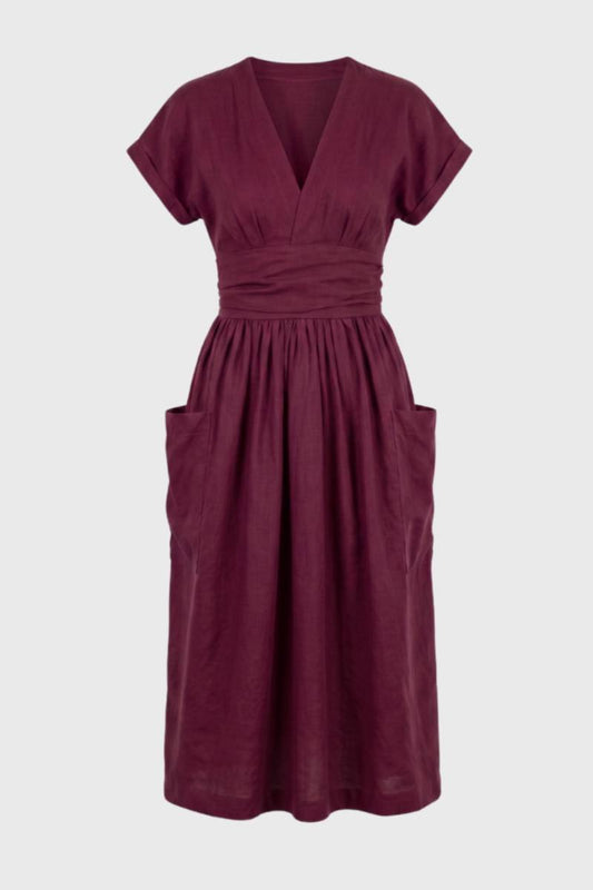 Robe Midi Femme Col V – Taille Plissée Coupe Décontractée