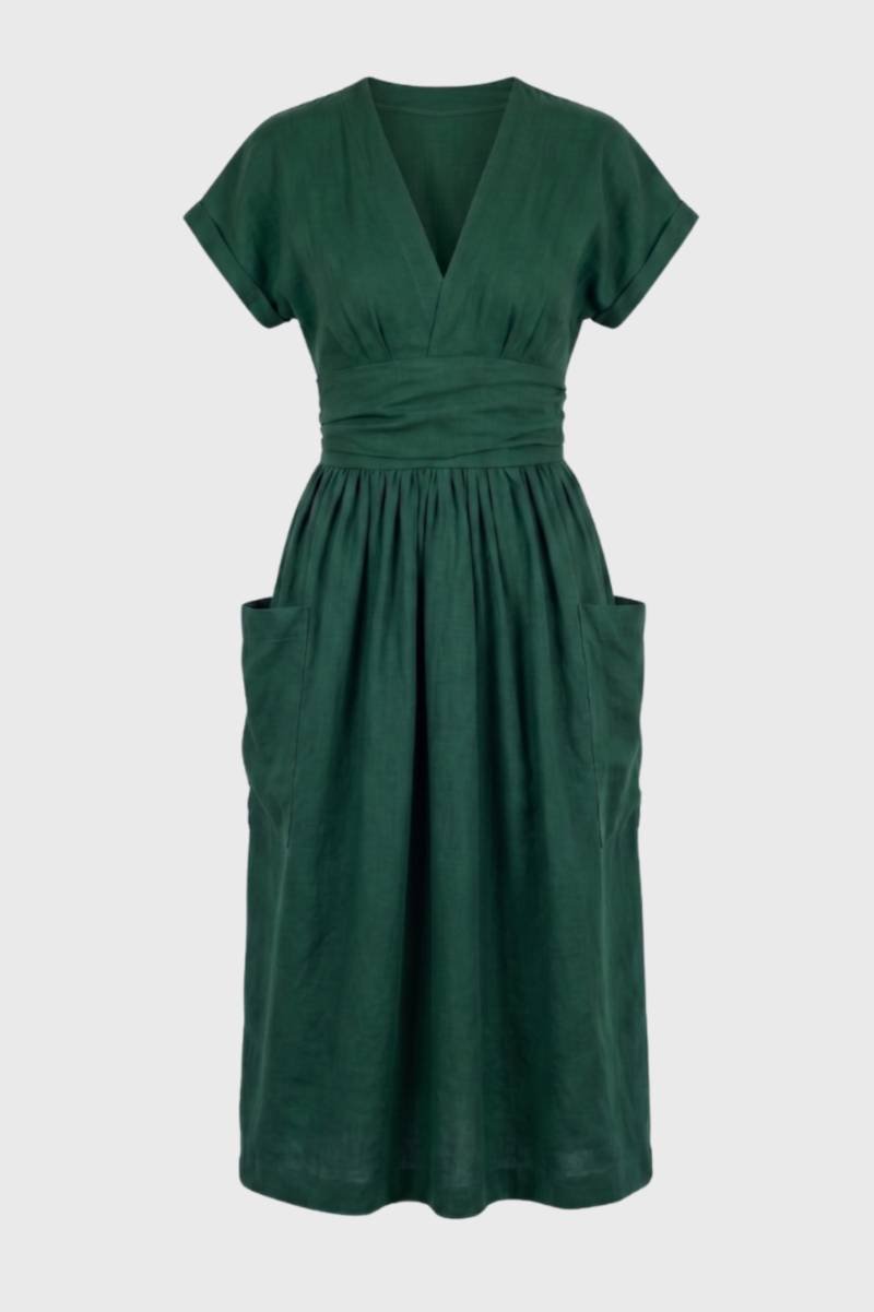 Robe Midi Femme Col V – Taille Plissée Coupe Décontractée
