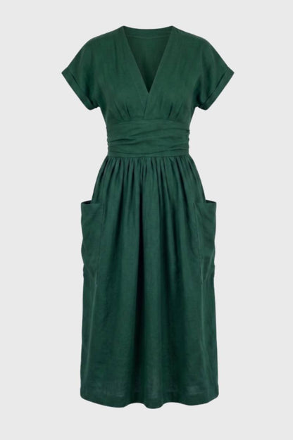 Robe Midi Femme Col V – Taille Plissée Coupe Décontractée