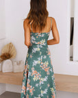 Robe Midi Femme Fleurie – Col V, Nœud Frontal et Bretelles Réglables