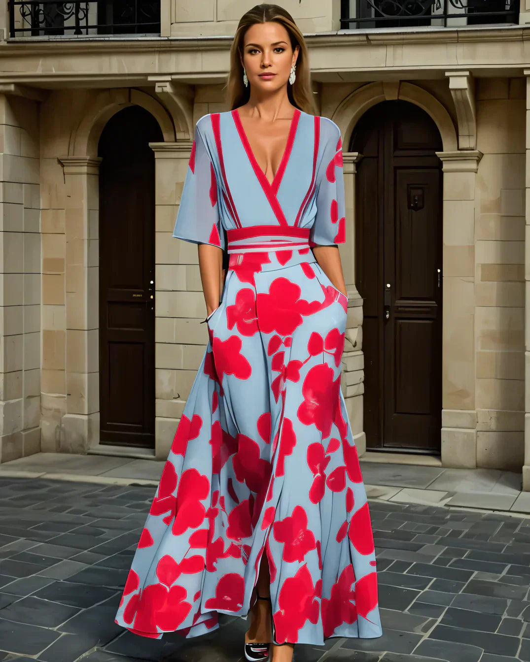 Robe maxi femme A-line à fleurs – Col V taille ajustée