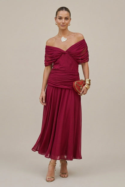 Robe Maxi Mousseline Femme – Épaules Dénudées Taille Froncée Coupe Fluide
