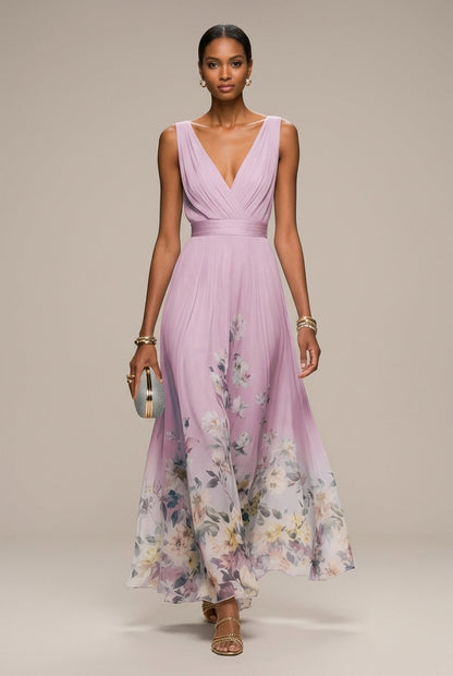 Robe Longue Femme Imprimé Floral – Col V Sans Manches