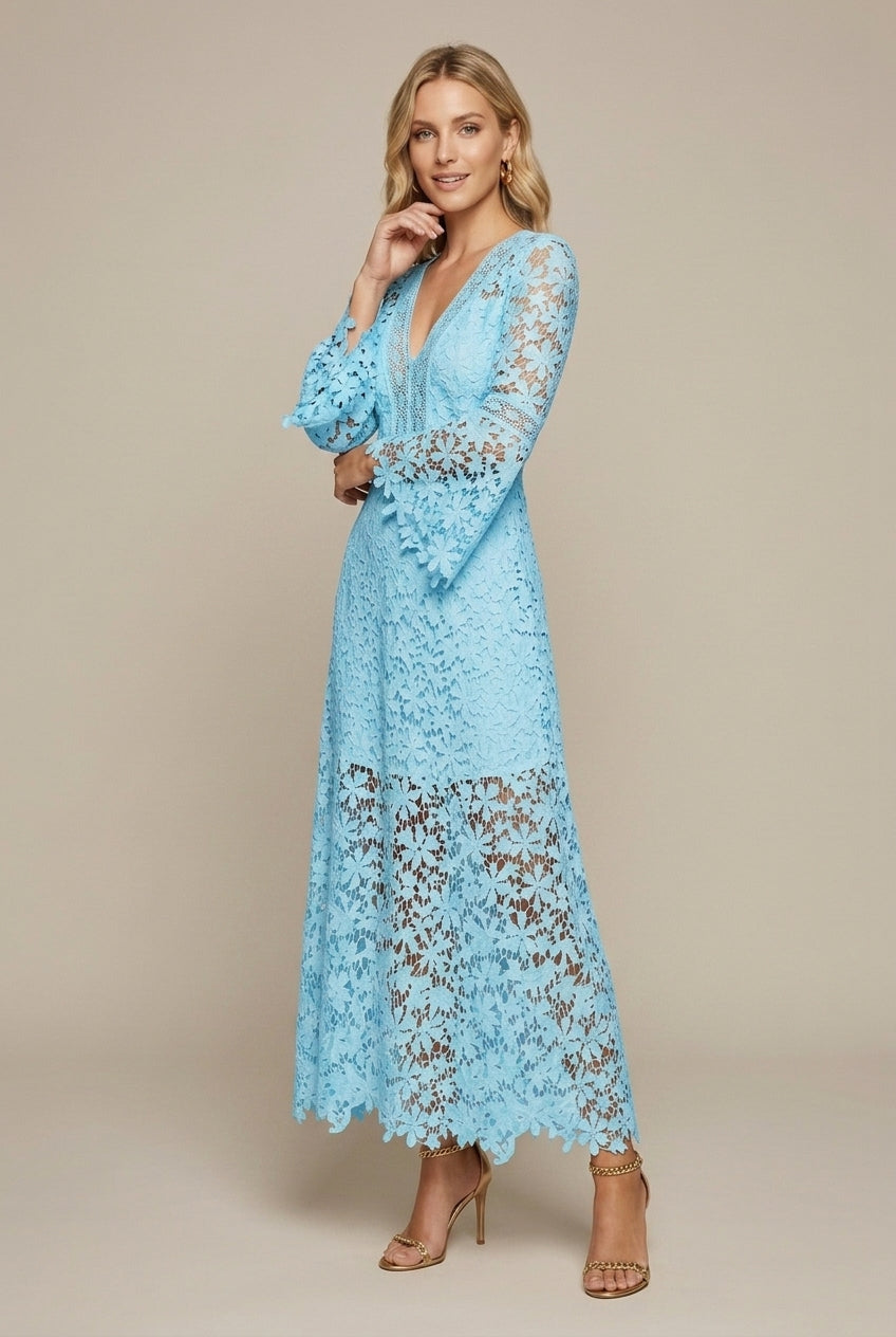 Robe Maxi Femme en Dentelle Guipure – Col V Manches Longues