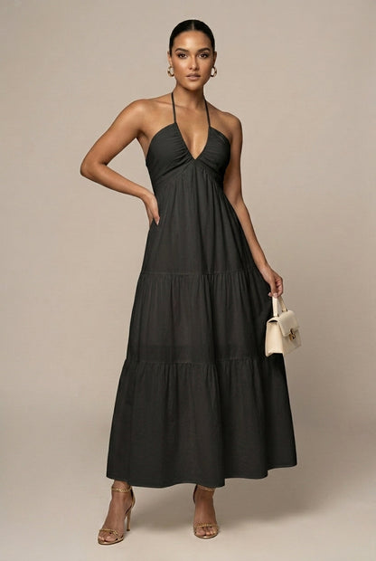 Robe Maxi Femme à Col Halter – Volants à Étages Dos Ouvert