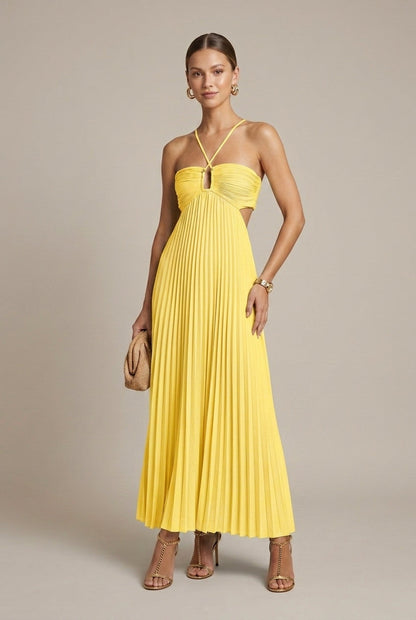 Robe Maxi Femme à Col Halter Plissée – Dos Noué Découpé