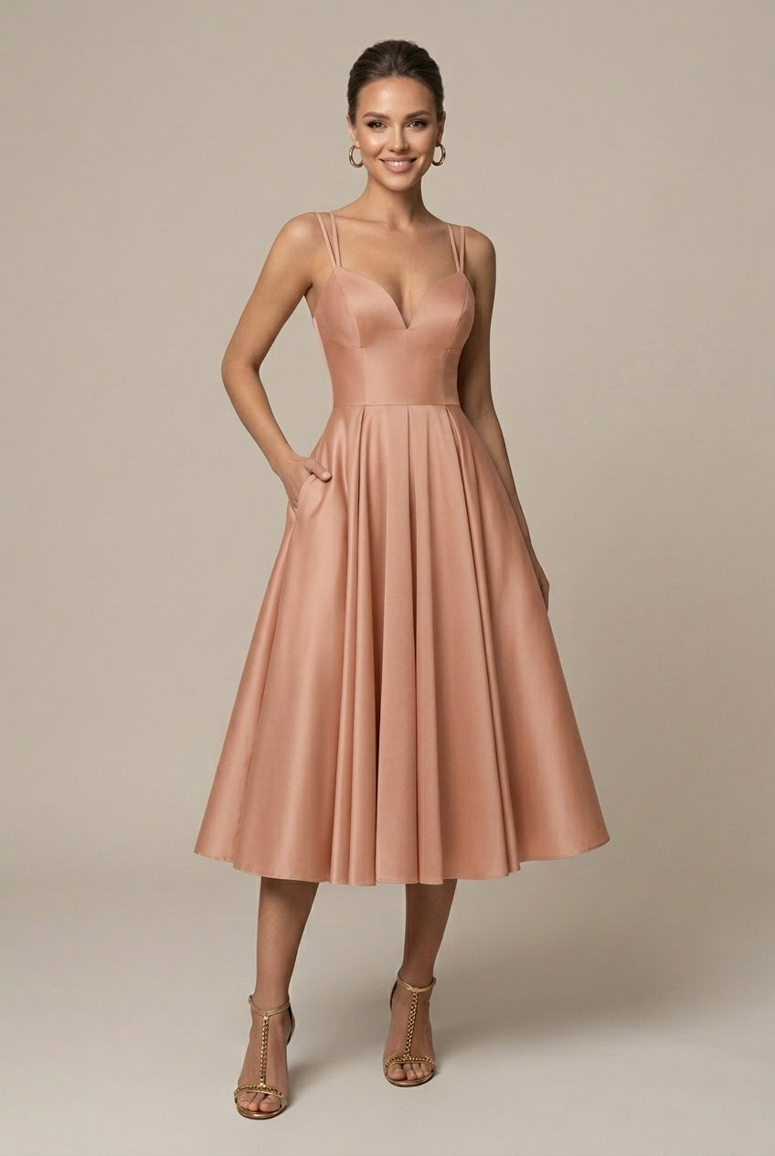 Robe Midi Femme Coupe A-Line – Col V Bretelles Doubles Jupe Évasée