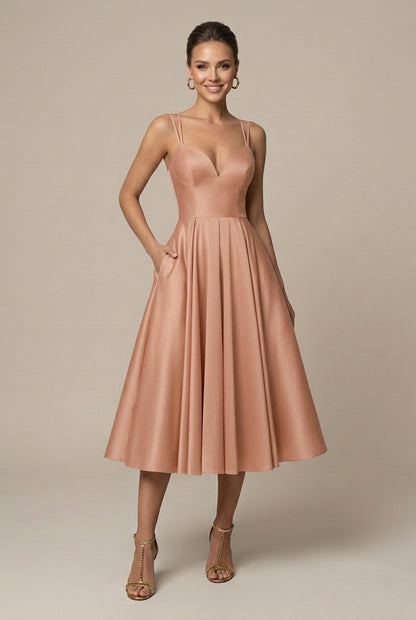 Robe Midi Femme Coupe A-Line – Col V Bretelles Doubles Jupe Évasée