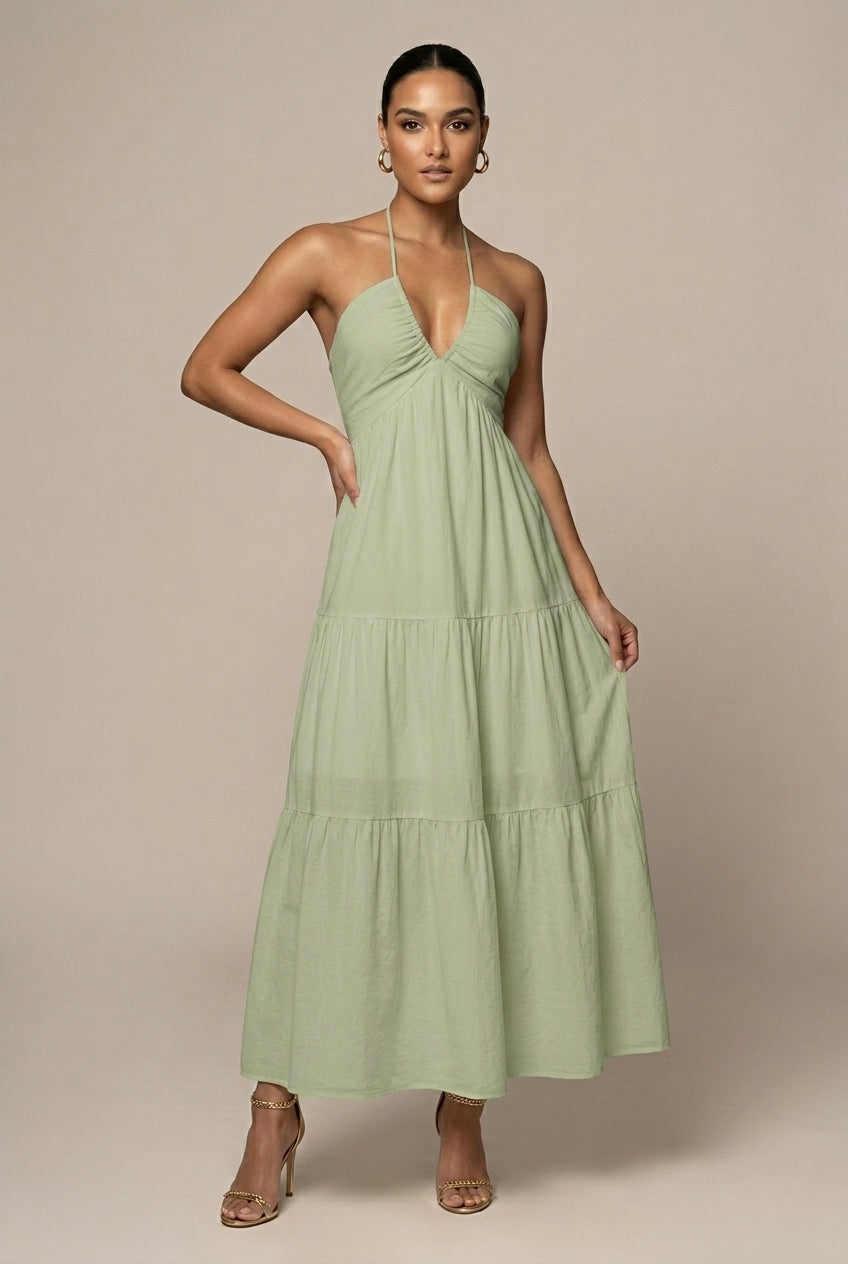 Robe Maxi Femme à Col Halter – Volants à Étages Dos Ouvert