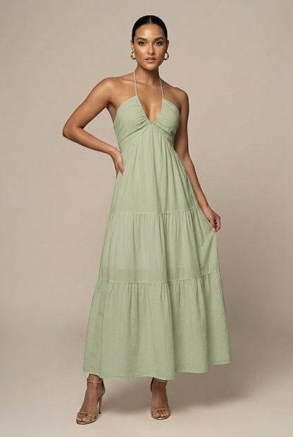 Robe Maxi Femme à Col Halter – Volants à Étages Dos Ouvert