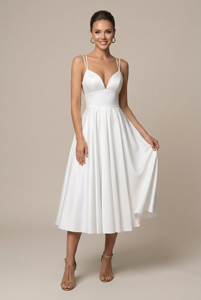 Robe Midi Femme Coupe A-Line – Col V Bretelles Doubles Jupe Évasée