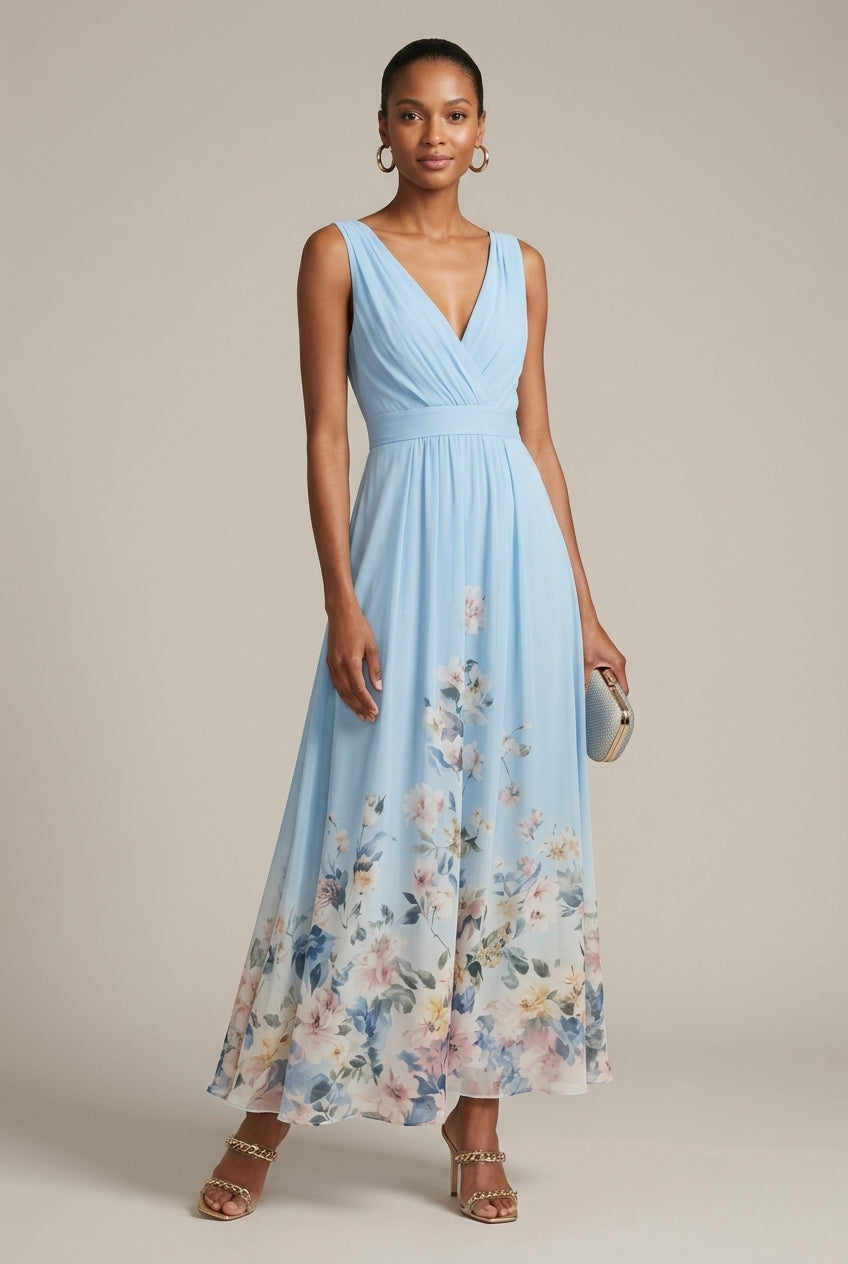 Robe Longue Femme Imprimé Floral – Col V Sans Manches