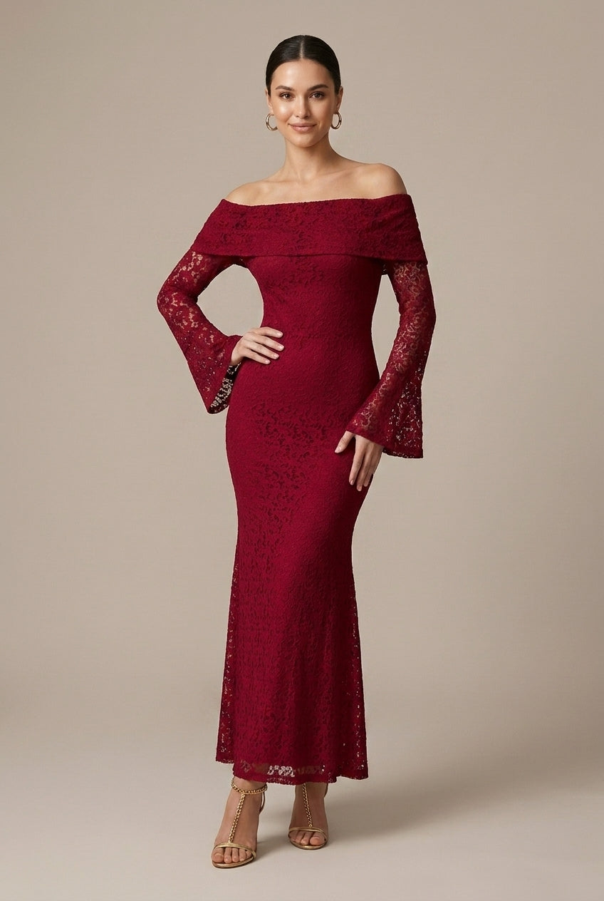 Robe Longue Femme Épaules Dénudées – Sirène Dentelle Contrastée Manches Évasées