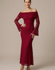 Robe Longue Femme Épaules Dénudées – Sirène Dentelle Contrastée Manches Évasées