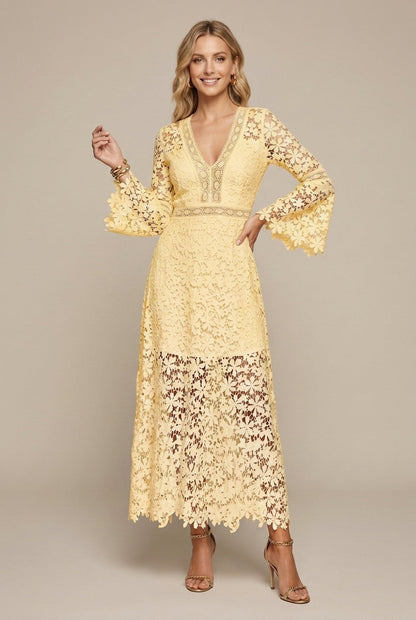 Robe Maxi Femme en Dentelle Guipure – Col V Manches Longues