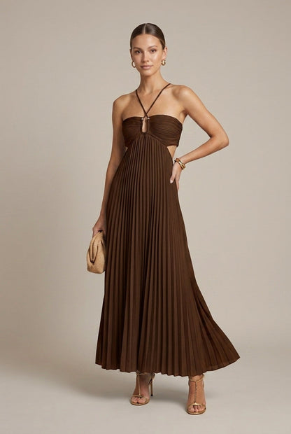 Robe Maxi Femme à Col Halter Plissée – Dos Noué Découpé