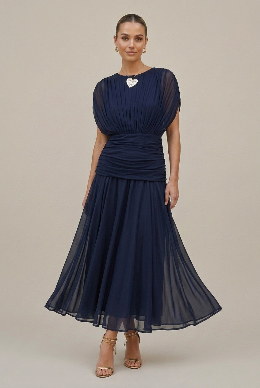 Robe Maxi Mousseline Femme – Épaules Dénudées Taille Froncée Coupe Fluide
