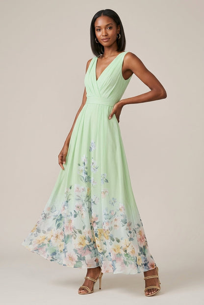 Robe Longue Femme Imprimé Floral – Col V Sans Manches