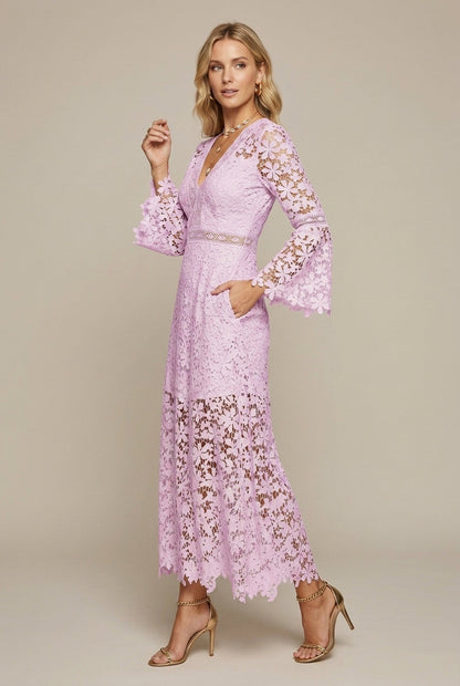 Robe Maxi Femme en Dentelle Guipure – Col V Manches Longues