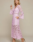 Robe Maxi Femme en Dentelle Guipure – Col V Manches Longues