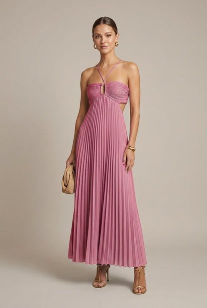 Robe Maxi Femme à Col Halter Plissée – Dos Noué Découpé