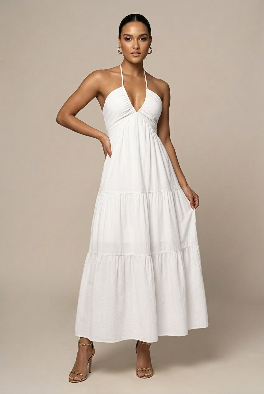 Robe Maxi Femme à Col Halter – Volants à Étages Dos Ouvert