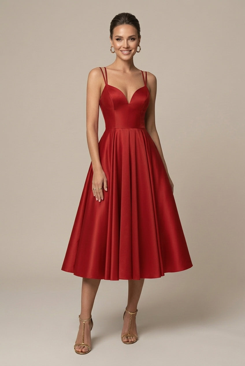 Robe Midi Femme Coupe A-Line – Col V Bretelles Doubles Jupe Évasée