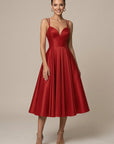 Robe Midi Femme Coupe A-Line – Col V Bretelles Doubles Jupe Évasée