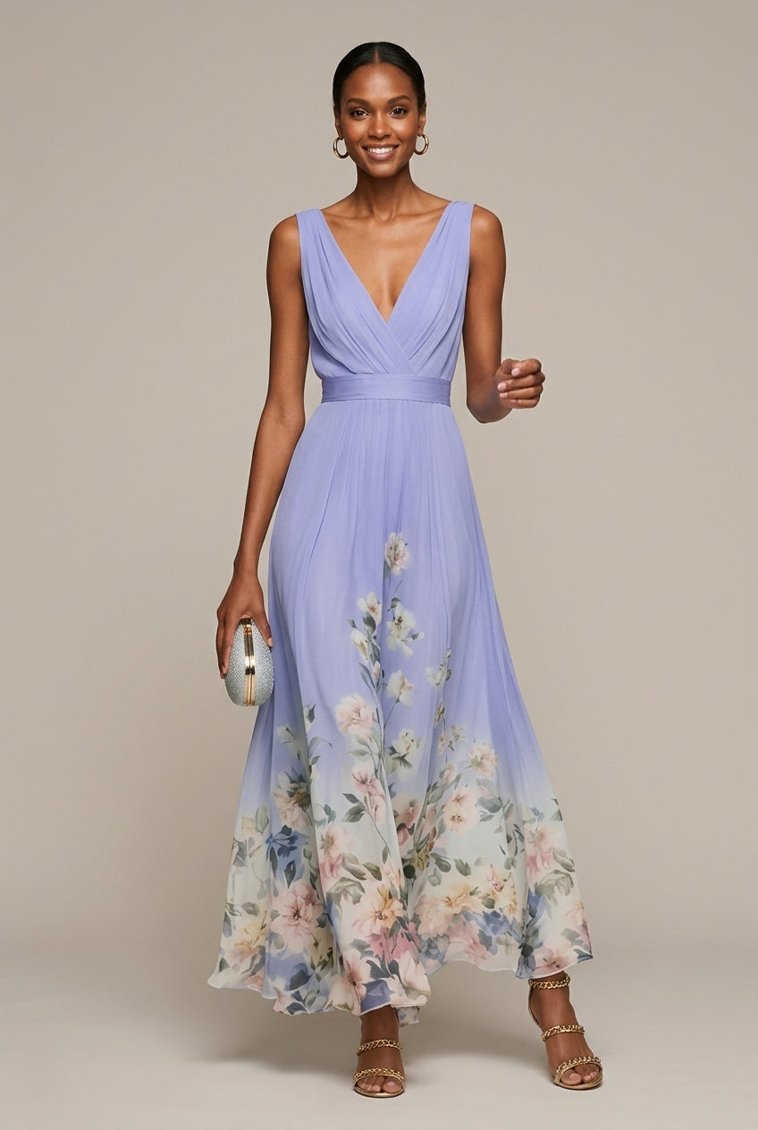 Robe Longue Femme Imprimé Floral – Col V Sans Manches