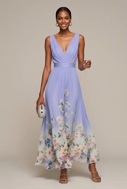Robe Longue Femme Imprimé Floral – Col V Sans Manches