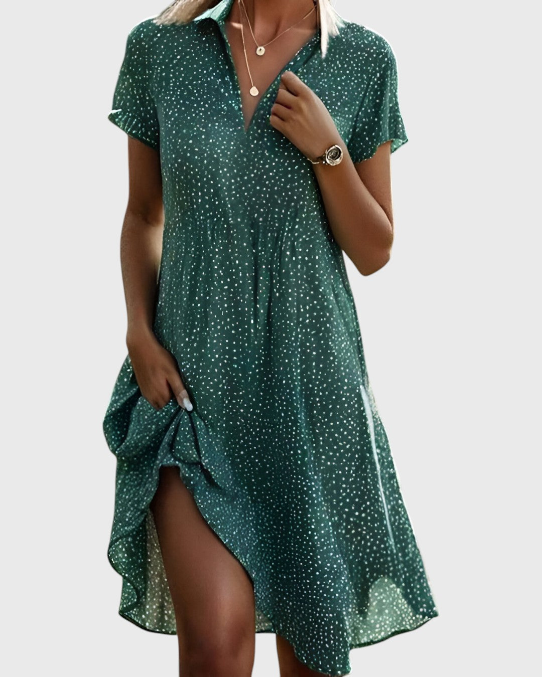 Robe midi femme à pois – col V manches courtes coupe décontractée