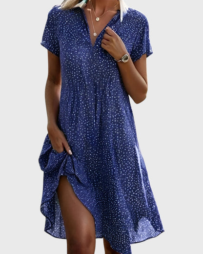 Robe midi femme à pois – col V manches courtes coupe décontractée