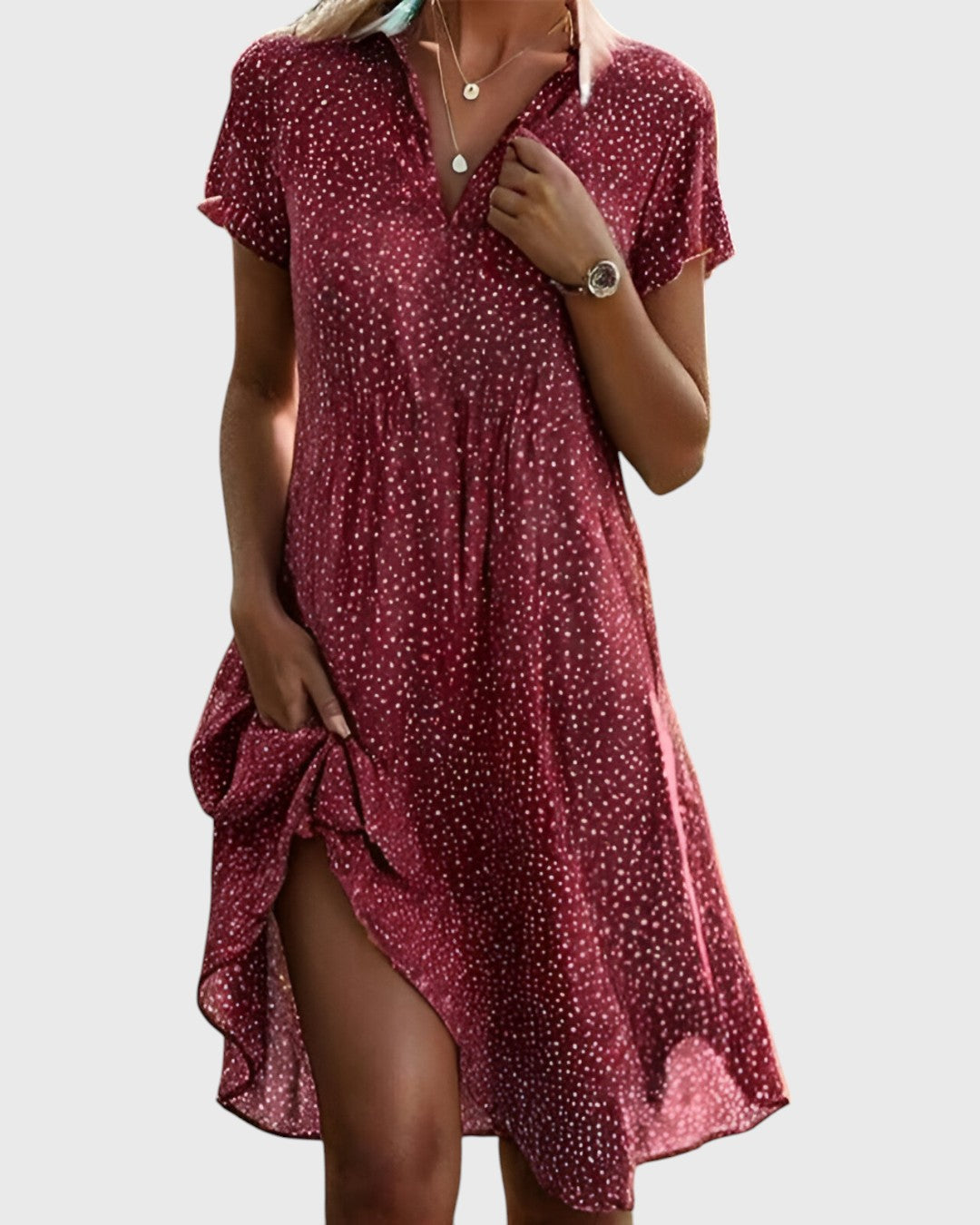 Robe midi femme à pois – col V manches courtes coupe décontractée