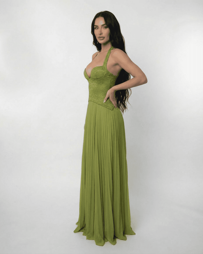 Robe Longue Femme à Col Licou – Dos Corset Lacé & Jupe Plissée