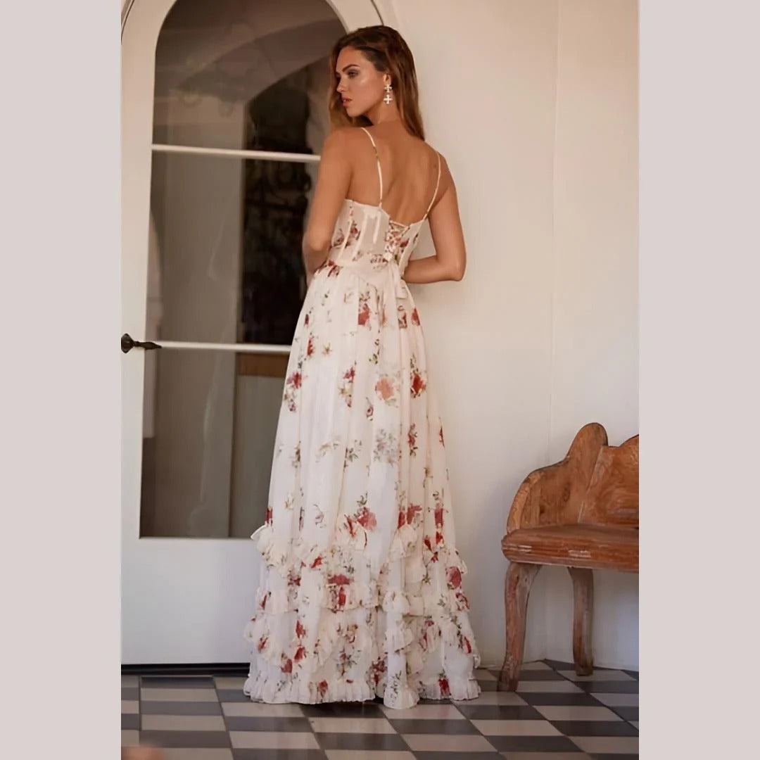 Robe Maxi Fleurie Femme à Lacets – Coupe Ajustée Fente Latérale