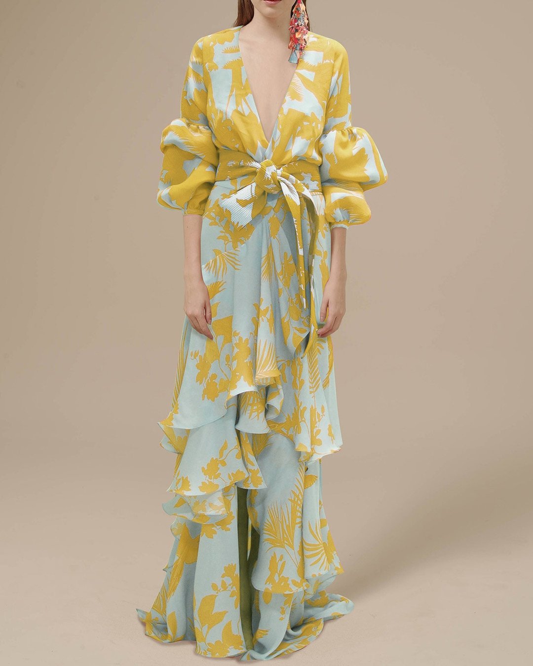 Robe Longue Femme Imprimée – Encolure Cache-Cœur, Manches Volumineuses & Ourlet Volants