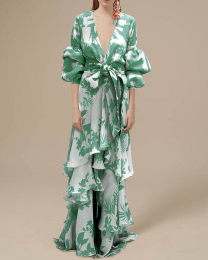 Robe Longue Femme Imprimée – Encolure Cache-Cœur, Manches Volumineuses & Ourlet Volants