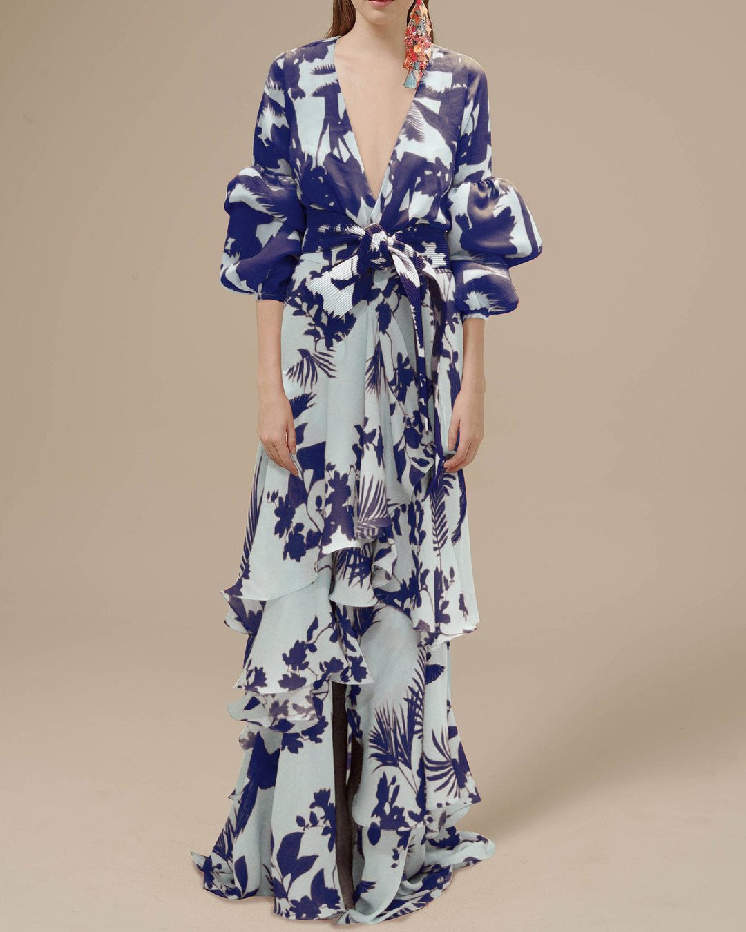 Robe Longue Femme Imprimée – Encolure Cache-Cœur, Manches Volumineuses & Ourlet Volants
