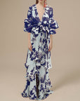 Robe Longue Femme Imprimée – Encolure Cache-Cœur, Manches Volumineuses & Ourlet Volants