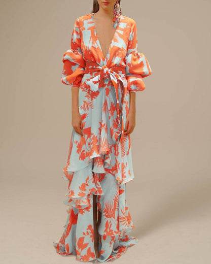 Robe Longue Femme Imprimée – Encolure Cache-Cœur, Manches Volumineuses & Ourlet Volants