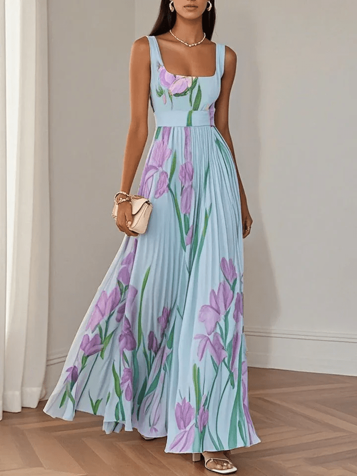 Robe Longue Femme Fleurie – Col Carré Taille Empire Plissée