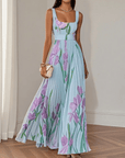 Robe Longue Femme Fleurie – Col Carré Taille Empire Plissée